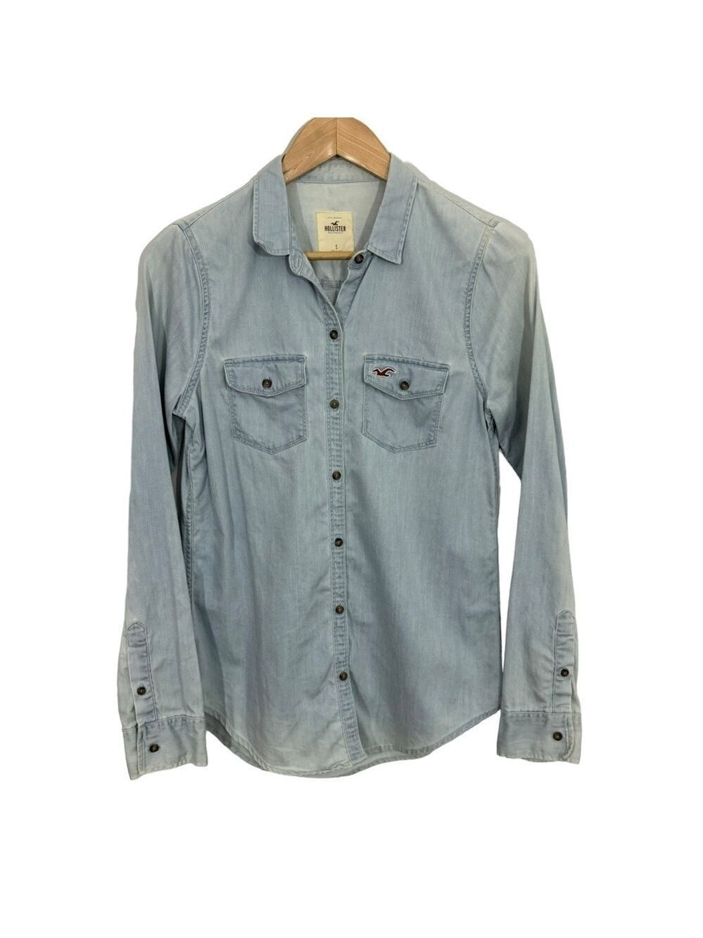 Hollister Chambray Button Down Shirt Womens S Light Blue Sun Kissed Casual Top
